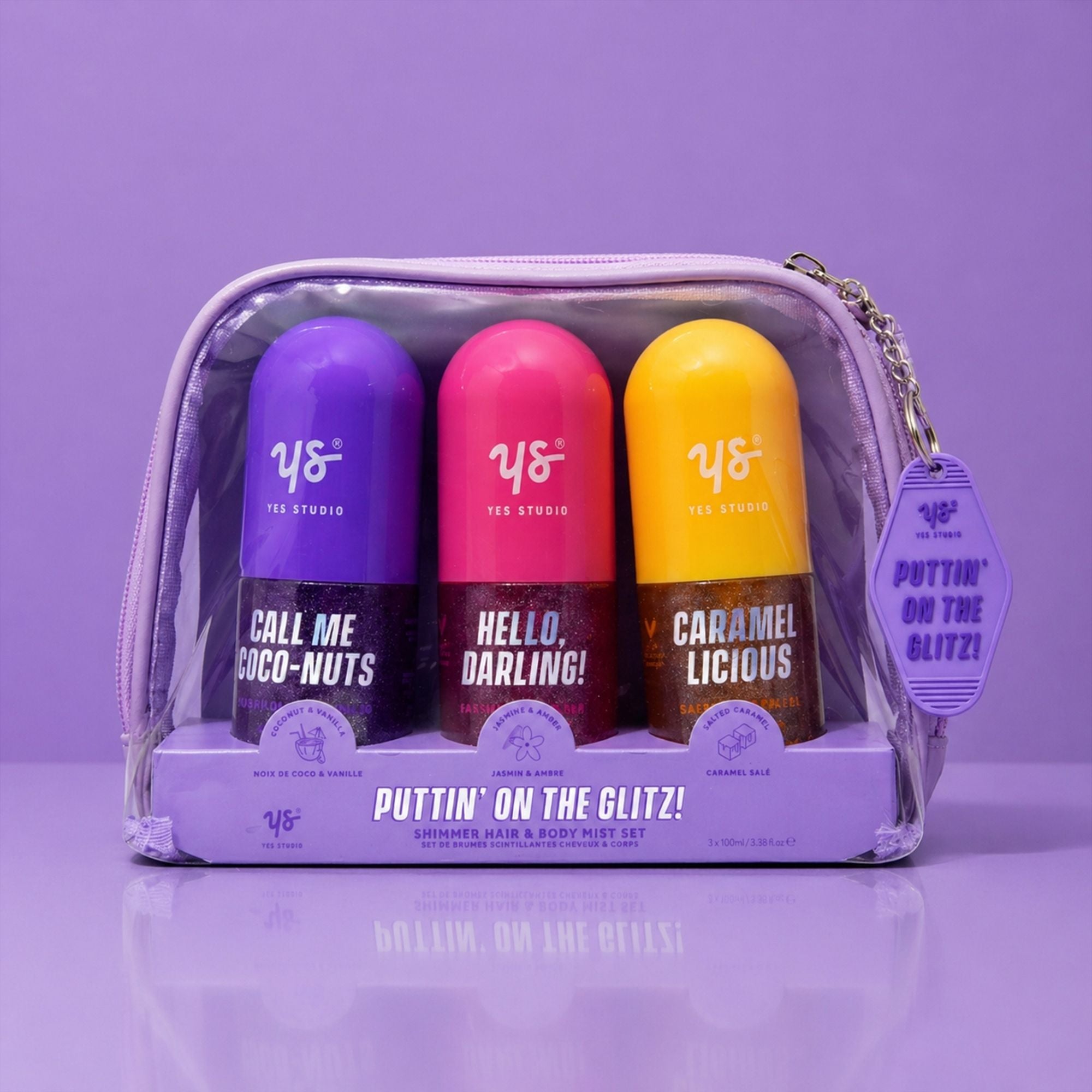 YS 3PC 75ml Shimmer Hair & Body Mist Set PVC Bag w Keychain Purple